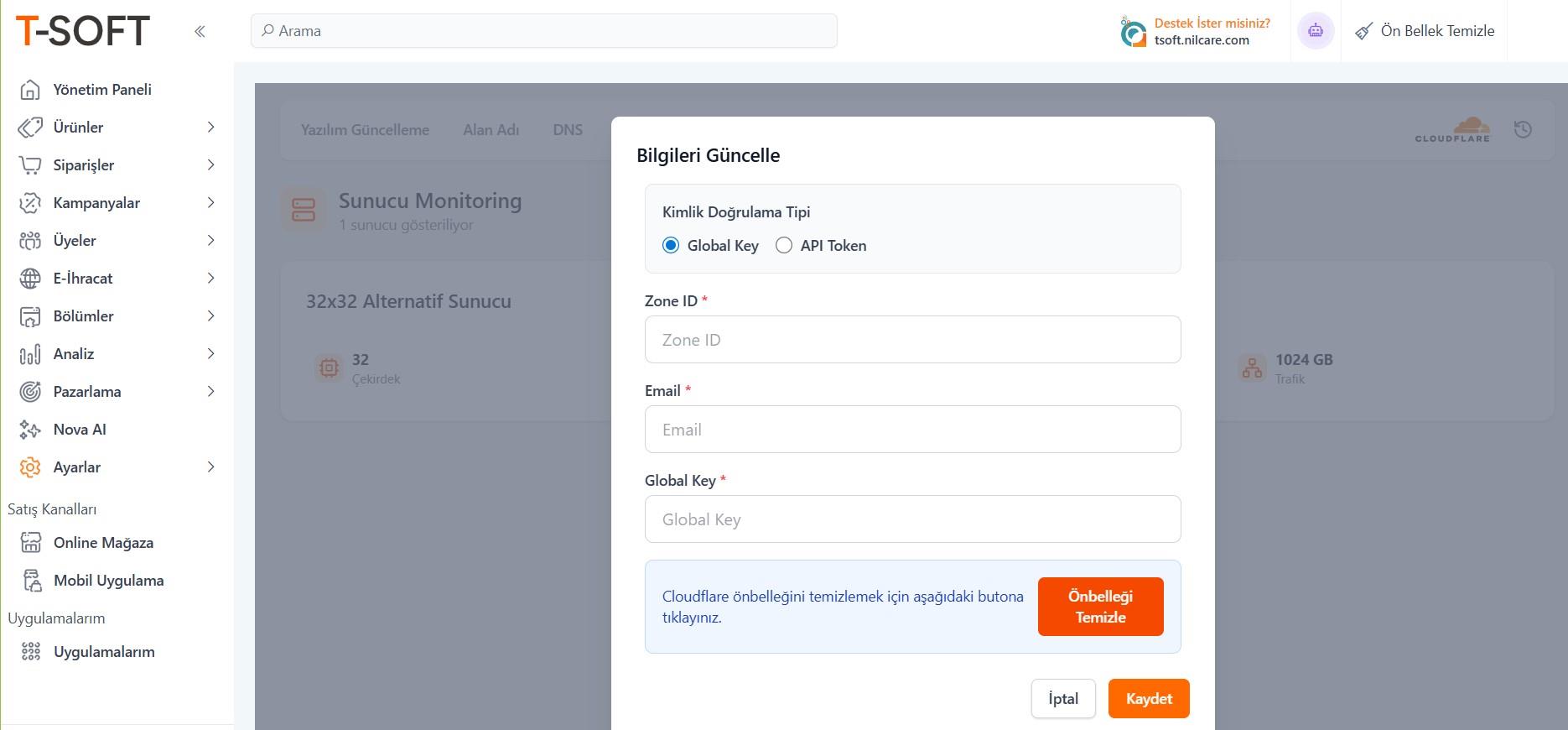 Cloudflare Global API Key Alanı